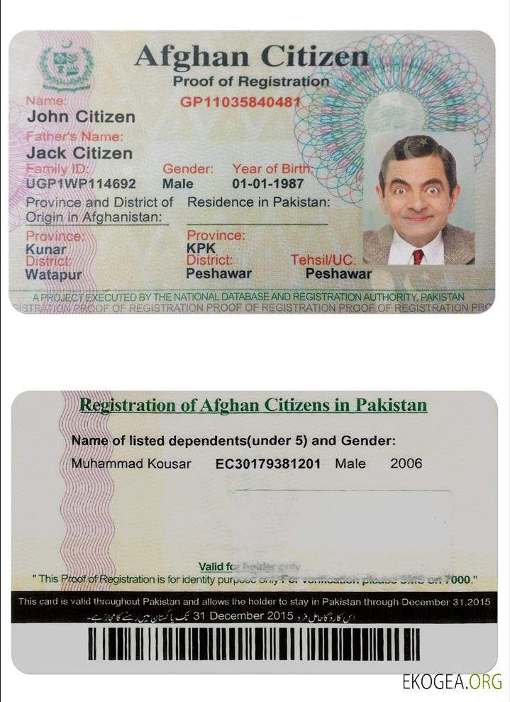 AFGHANISTAN Preuve de citoyen de la carte d'enregistrement PSD